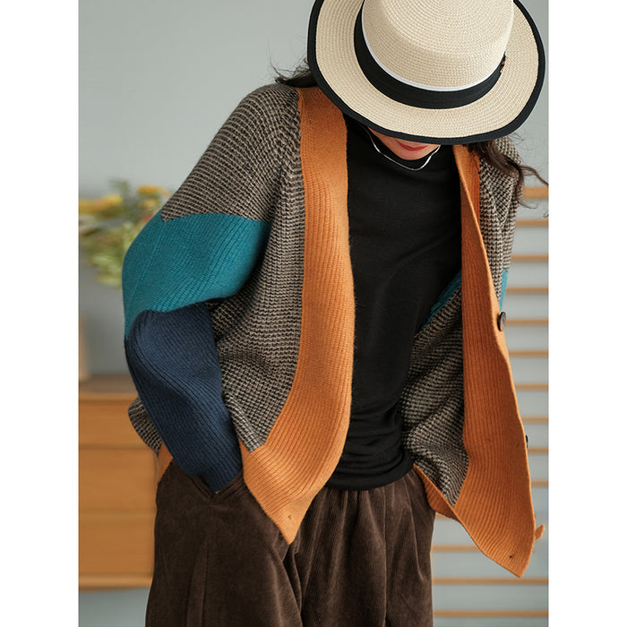 Áo khoác len cardigan dài tay cổ V ba khuy phối màu sắc - NU7783