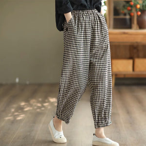 Quần baggy linen lưng thun caro túi khuy bấm - NU8410