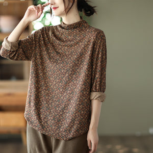 Áo T-shirt dài tay cổ đứng in hoa liti - NU8028