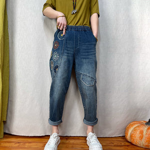 Quần baggy denim lưng thun thêu vòng tròn chữ - NU7206