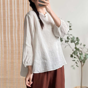 Áo sơ mi linen tay lửng cổ tàu vạt chéo thêu hoa văn - NU8280