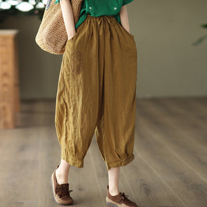 Quần baggy linen lưng thun dây rút thêu hoa hồng - NU7324