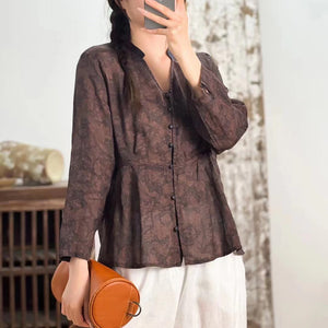 Áo sơ mi linen dài tay cổ V khuy tròn - NU8218