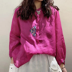Áo sơ mi linen dài tay cổ tròn thêu hoa văn kiểu viền khuy - NU6783