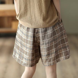 Quần sooc linen sọc caro lưng thun dây rút  - NU7069