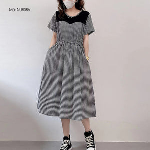 Đầm liền ngắn tay caro cổ tròn ngực phối mảng màu - NU8385