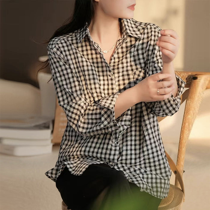 Áo sơ mi linen dài tay cổ đức kẻ caro một túi vuông - NU8493