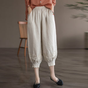 Quần baggy linen lưng thun ống túm thêm hoa lá - NU6990