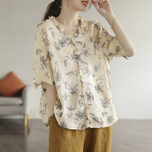 Áo sơ mi linen ngắn tay cổ V đính bèo in hoa lá - NU7300