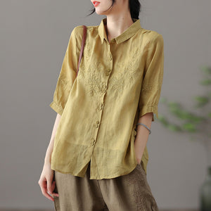 Áo sơ mi linen ngắn tay cổ pipi thêu những bông tuyết đối xứng - NU7182