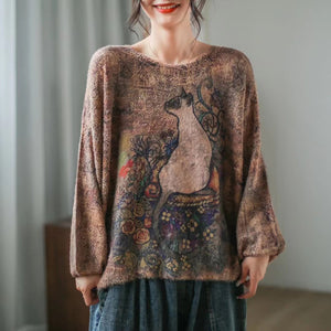 Áo len cashmere dài tay vườn hoa và chú mèo - NU7731