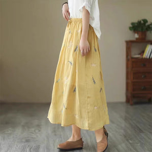 Chân váy linen retro in lông vũ lưng thun - NU8588