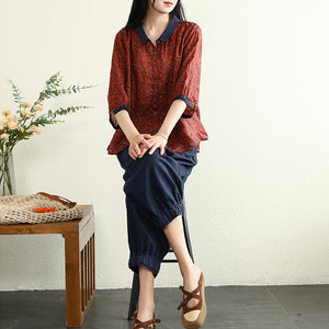 Áo sơ mi linen tay lửng cổ pipi đơn sắc in hoa liti - NU6996
