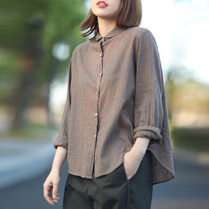 Áo sơ mi linen dài tay kẻ sọc đứng cổ pipi - NU4423