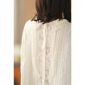 Áo sơ mi linen dài tay cổ tròn đính bèo thêu hoa lá hai chiều - NU6684