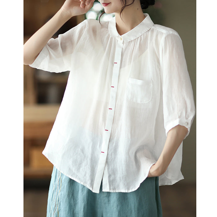 Áo sơ mi linen ngắn tay cổ đức khuy ẩn một màu - NU6974