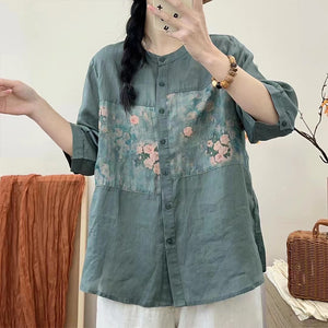 Áo sơ mi linen ngắn tay cổ đứng in hoa lá trước ngực - NU8642