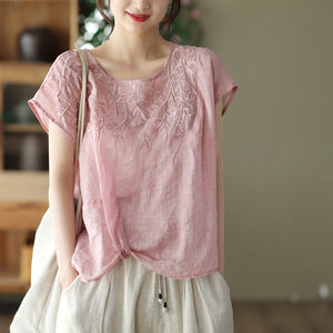 Áo T-shirt linen sát nách cổ tròn thêu hoa văn kiểu lệch tà - NU7297