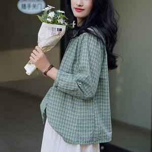 Áo sơ mi linen tay lửng cổ pipi kẻ sọc caro - NU6745