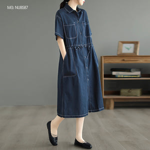 Đầm liền denim ngắn tay cổ đức hai túi vuông cột dây - NU8586
