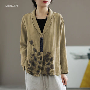 Áo khoác vest linen dài tay hai túi tròn in hoa lá - NU7873