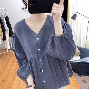 Áo sơ mi linen dài tay cổ V kiểu bo tay - NU8458