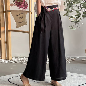 Quần baggy linen lưng cao thêu hoa văn ống rộng - NU8413