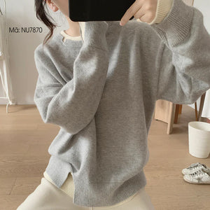 Áo len dệt kim dài tay cổ tròn xẻ kiểu hai lớp - NU7869