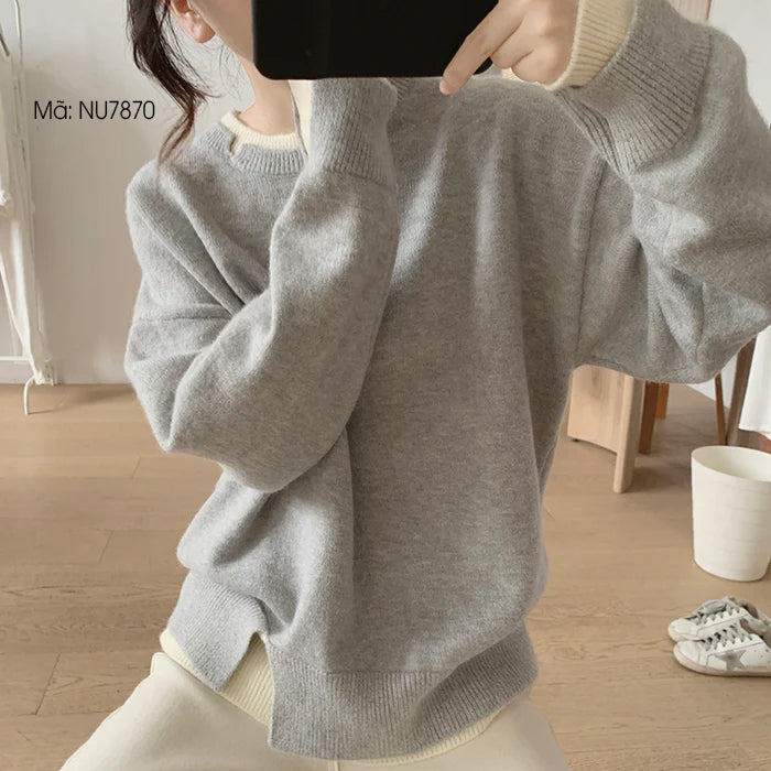Áo len dệt kim dài tay cổ tròn xẻ kiểu hai lớp - NU7869