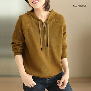 Áo hoodies dệt kim dài tay một màu khóa kéo - NU7952