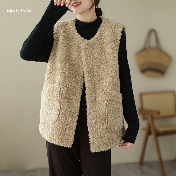 Áo khoác lông gile cổ tròn hai túi - NU7864