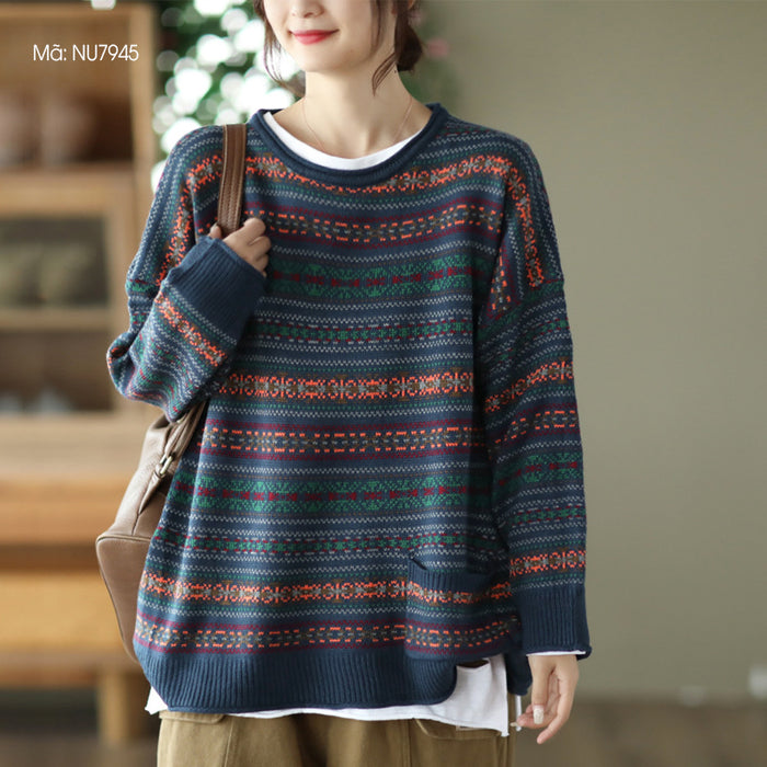 Áo len dài tay cổ tròn hoa văn thổ cẩm - NU7944