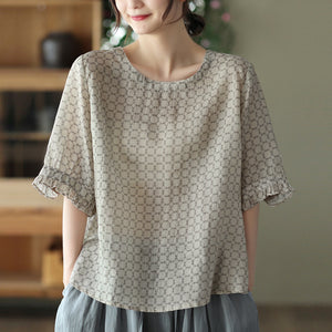 Áo T-shirt linen ngắn tay cổ tròn in những vòng tròn - NU7546
