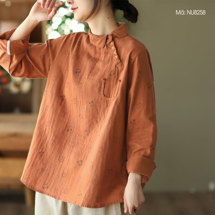 Áo sơ mi linen dài tay cổ pipi in hình ngộ nghĩnh - NU8257