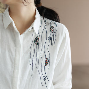 Áo sơ mi linen dài tay cổ đức một màu thêu trừu tượng - NU8150