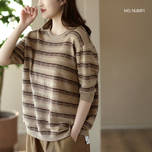 Áo T-shirt ngắn tay dệt kim kẻ sọc hoa văn retro - NU8490