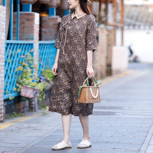 Đầm liền linen ngắn tay cổ pipi khuy chéo in hoa liti - NU8277