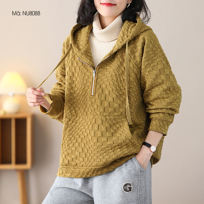 Áo hoodies len nhung đập caro dài tay chần lông - NU8087