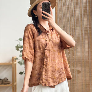 Áo sơ mi linen ngắn tay cổ đức khuy tròn lệch tà - NU7138