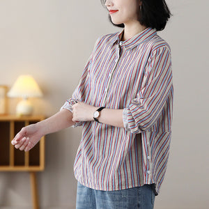 Áo sơ mi linen dài tay cổ đức kẻ sọc khuy vạt áo - NU8457