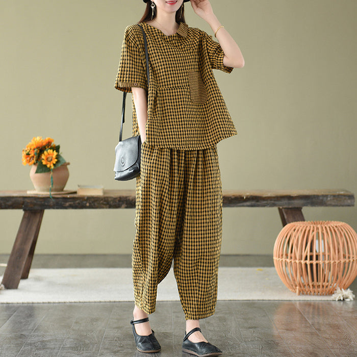 Bộ đồ linen gồm áo sơ mi ngắn tay một túi và quần baggy caro - NU7193