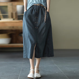 Chân váy linen lưng thun hai hàng khuy kèm thắt lưng - V001
