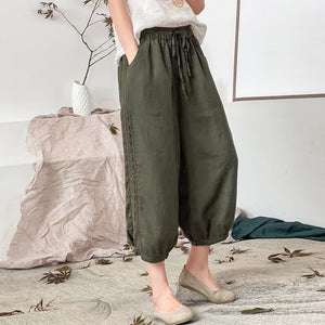 Quần baggy linen lưng thun dây rút thêu ren hai bên - NU7479