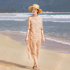 Đầm liền linen ngắn tay cổ đứng khuy lệch thêu hoa lá - NU8372
