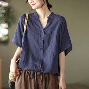 Áo sơ mi linen ngắn tay cổ V túi tròn kiểu - NU7059