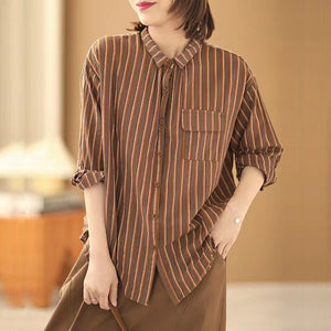 Áo sơ mi dài tay cổ pipi kẻ sọc một túi có nắp - NU7785