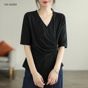 Áo T-shirt ngắn tay cổ V vạt chéo xếp ly - NU8303