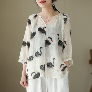 Áo sơ mi linen ngắn tay cổ V một khuy - NU7465