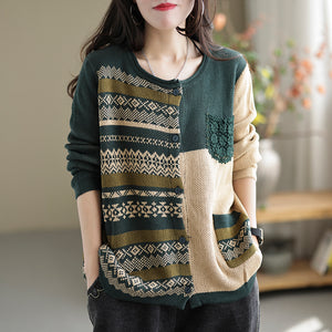 Áo khoác len cashmere dài tay cổ tròn hoa văn trừu tượng hai túi - NU7767