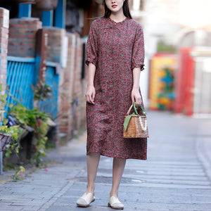 Đầm liền linen ngắn tay cổ tròn xếp ly in hoa liti - NU8275